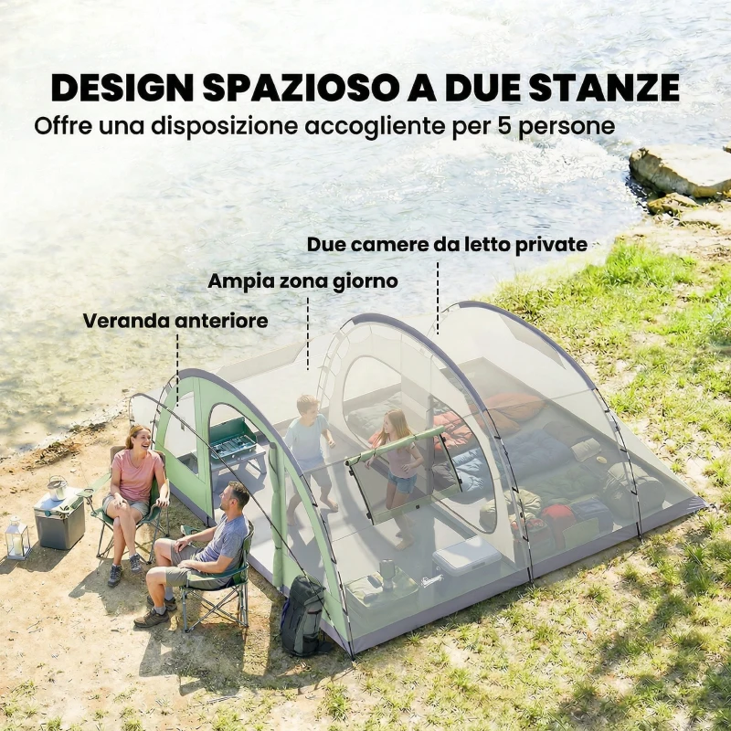 Outsunny Grande Tenda Multi-Stanza per 5 Persone, con Finestre e Veranda, Verde