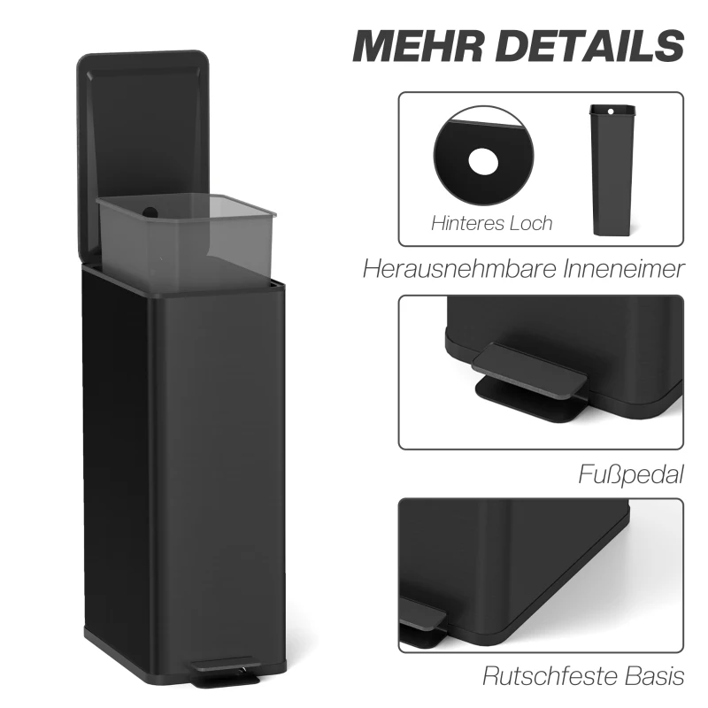 HOMCOM Mülleimer 20L, Soft-Close-Deckel, Deodorant-Fach, Fingerabdrucksicher, Edelstahl, Schwarz
