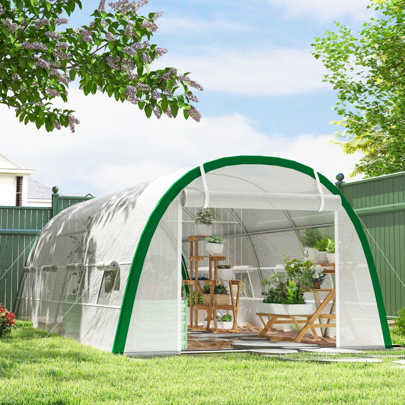 Outsunny Serre de Jardin Tunnel 18 m² dim. 6L x 3l x 2H m - 8 fenêtres, Porte zippée Enroulable, Acier galvanisé, bâche PE, Blanc