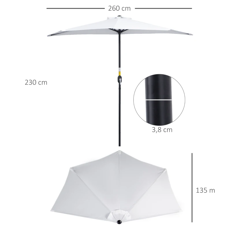 Outsunny Ombrellone da Terrazza a Mezzaluna con Apertura a Manovella e Palo a 2 Sezioni, 2.6x1.35 m, Bianco