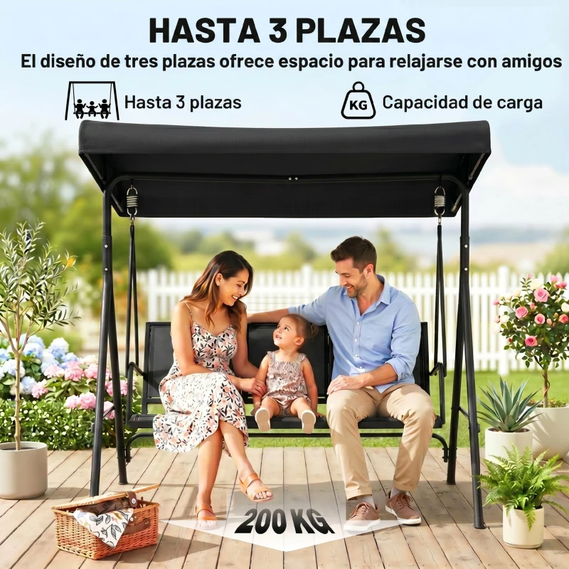 Outsunny Columpio de Jardín Exterior de 3 Plazas con Toldo Reclinable Respaldo Transpirable Marco de Acero 175x118x159 cm Negro