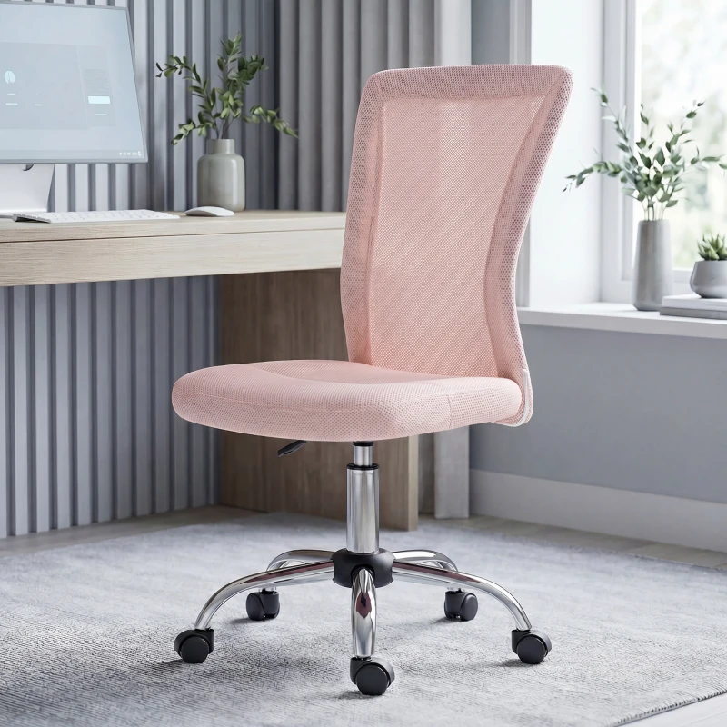 Vinsetto Scaun de Birou Ergonomic, Rotativ, fără Brațe, din Plasă Respirabilă, Înălțime Reglabilă, Roz