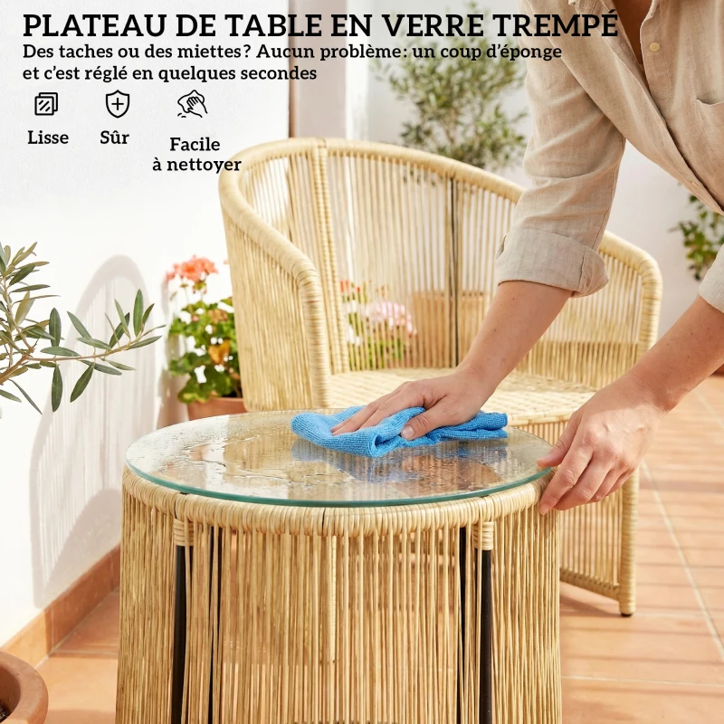 Outsunny Salon de jardin extérieur en résine tressée 2 personnes, table de jardin extérieure avec 2 chaises avec coussins, crème