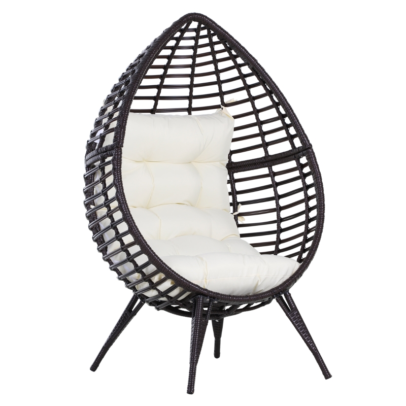 Outsunny Rattansessel in Tropfenform, Gartensessel mit Sitzkissen, Erhöhter Rattanstuhl, Stahl, Braun, 101 x 89 x 156 cm