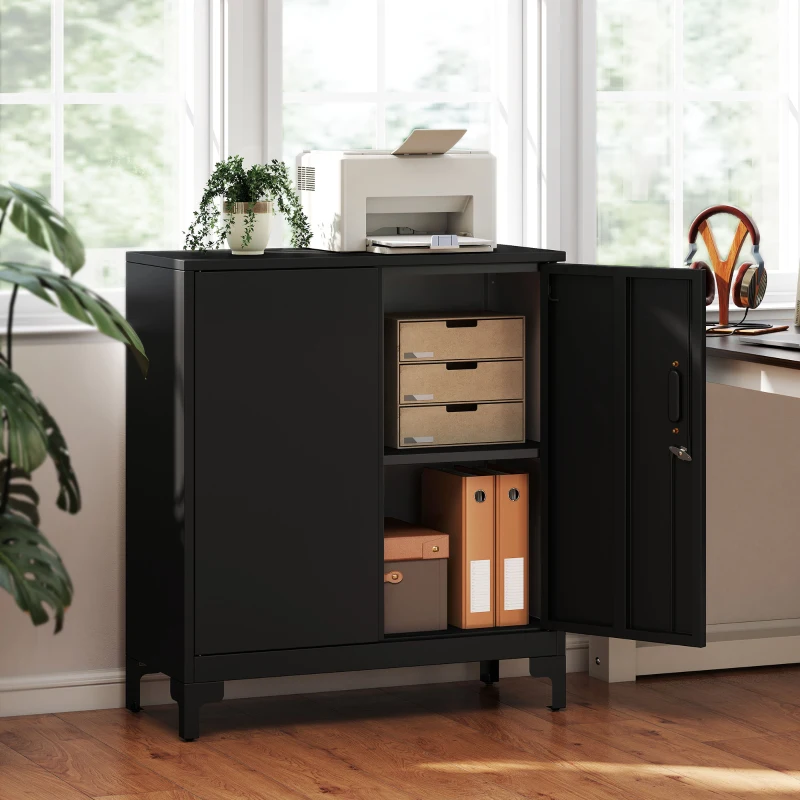 HOMCOM Lockable Metal Filing Cabinet, 2-Tier Storage Cupboard with Double Doors, Modern Office Organiser, Black