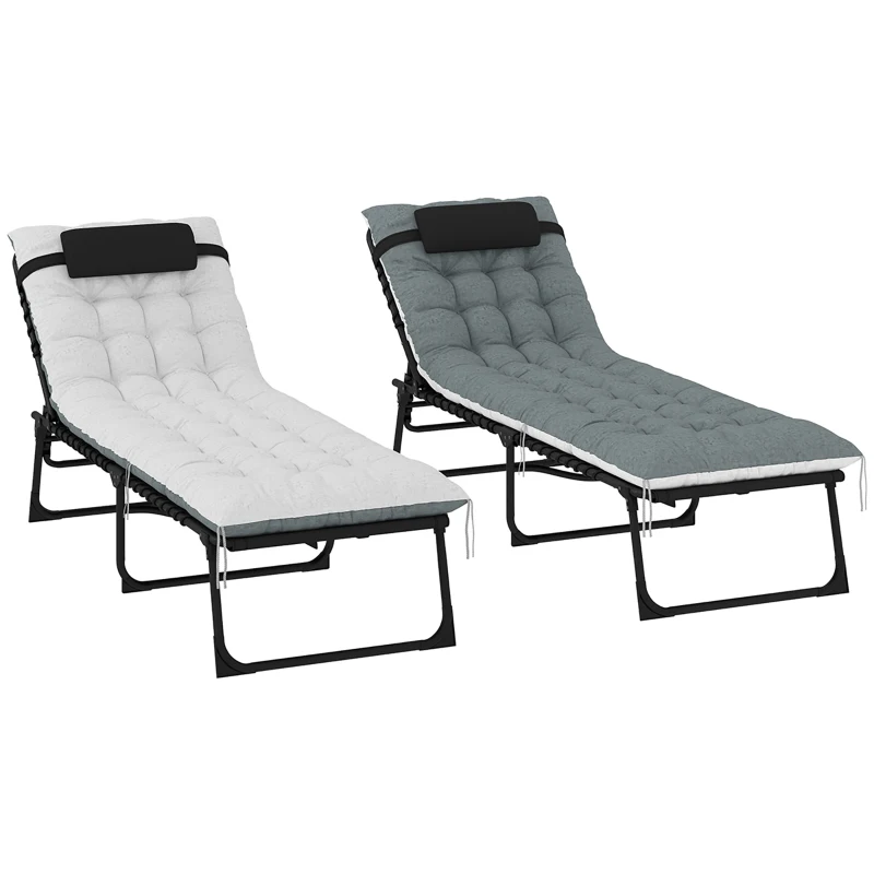 Outsunny Lot de 2 bains de soleil, chaise longue pliante et inclinable, coussin, appui-tête, poche latérale, 60x190x31cm, gris