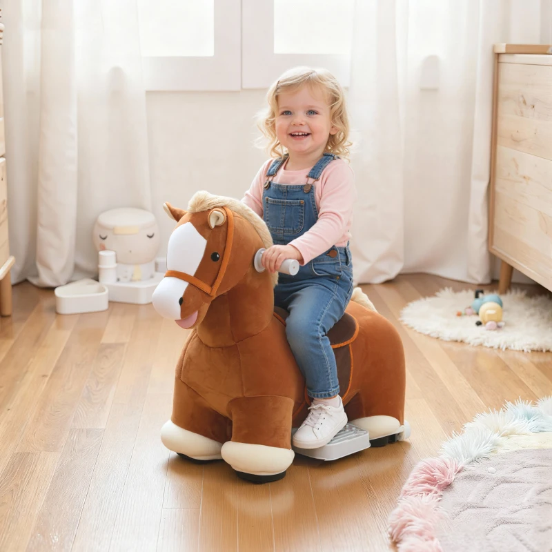 AIYAPLAY Cavalo montável para crianças, revestimento macio, alimentado por bateria, música, rodas, 1,5-5 anos, Marrom