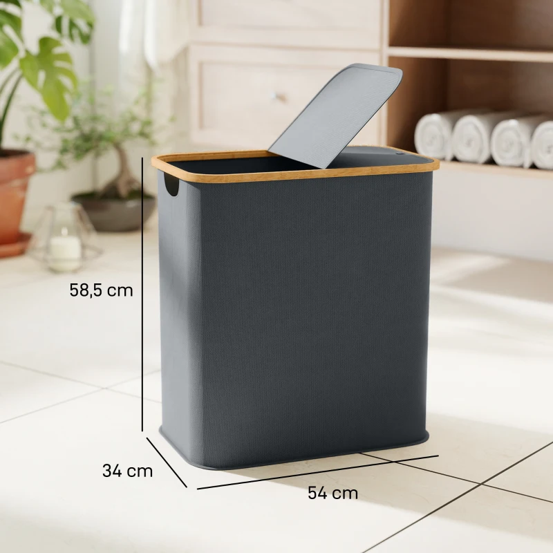 HOMCOM Panier à linge double pliable 80 L corbeille à linge sale avec couvercle, poignées rainurées, gris