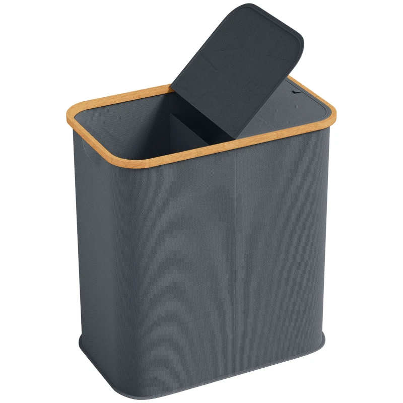 HOMCOM Panier à linge double pliable 80 L corbeille à linge sale avec couvercle, poignées rainurées, gris
