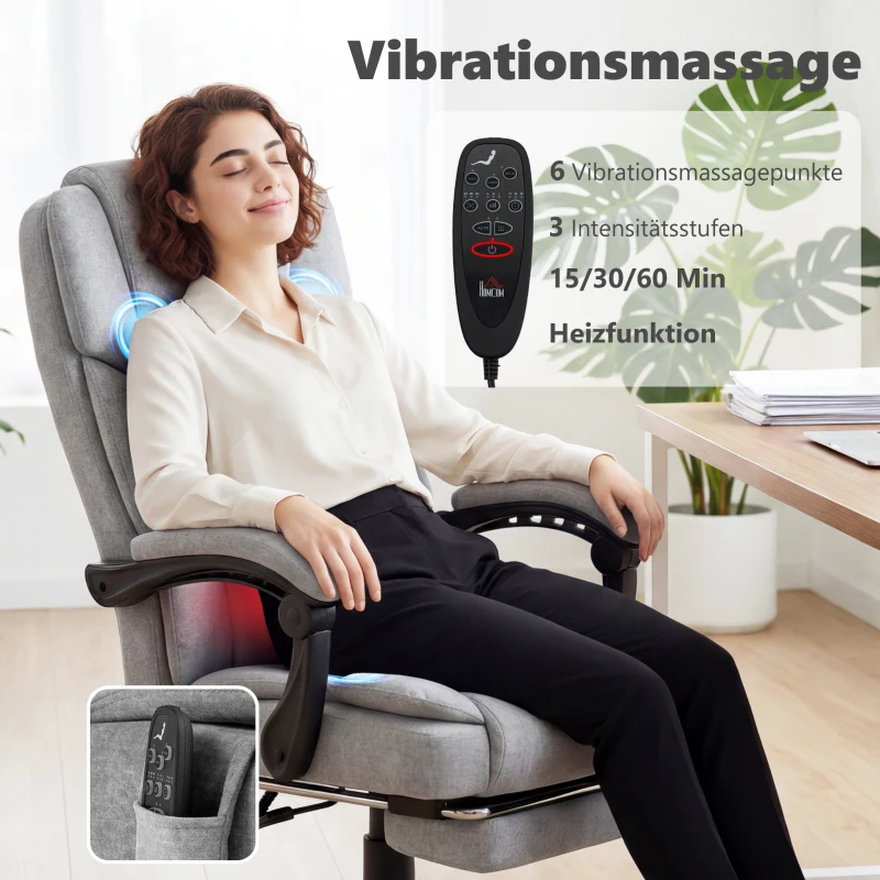 HOMCOM Hochlehner Massage-Bürostuhl mit Vibration, Wärmefunktion, verstellbarer Rückenlehne, Fußstütze, Fernbedienung, grau