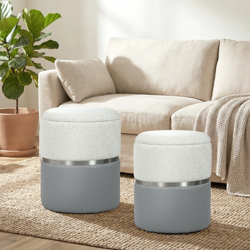 HOMCOM Nesting Round Ottoman with Storage Set of 2 - Cream/Grey