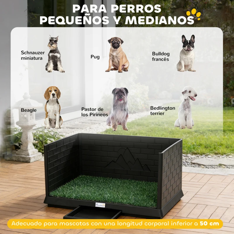 PawHut Inodoro para Perros con Césped Artificial 75x51x36,5 cm con Paredes Altas Bandeja Deslizante y Fácil de Limpiar Negro