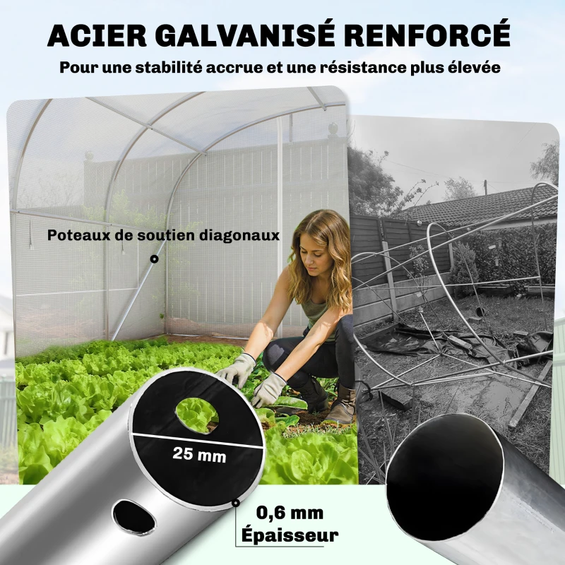 Outsunny Serre tunnel de jardin 24m², serre de jardin tunnel avec cadre en acier galvanisé, portes et 2 grandes fenêtres, blanc