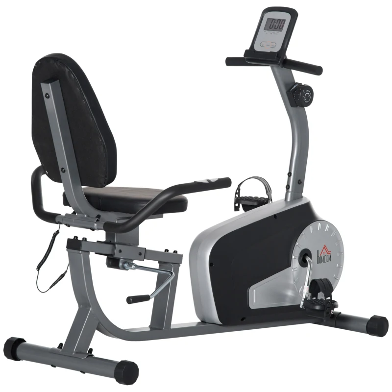 HOMCOM Vélo d'appartement, vélo couché magnétique avec 8 niveaux de résistance réglables, avec écran lcd, poignées de fréquence cardiaque et roues, capacité de charge de 110 kg(m-12)