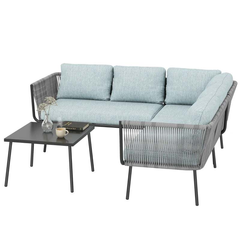 Outsunny Conjunto de Muebles de Ratán de Exterior Sofá de Esquina con Cojines y Mesa de Centro para Terraza Patio Azul Claro