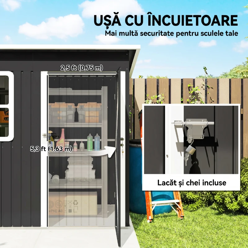 Outsunny Căsuță de Grădină 2,55m² din Oțel Zincat cu Kit de Fundație, Ușă Blocabilă, Acoperiș Înclinat, Gri