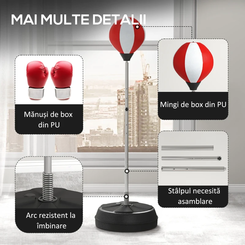 HOMCOM Punching Ball de Podea cu Înălțime Reglabilă, Mănuși și Bază Reîncărcabilă, 43x43x126-144 cm, Roșu și Alb