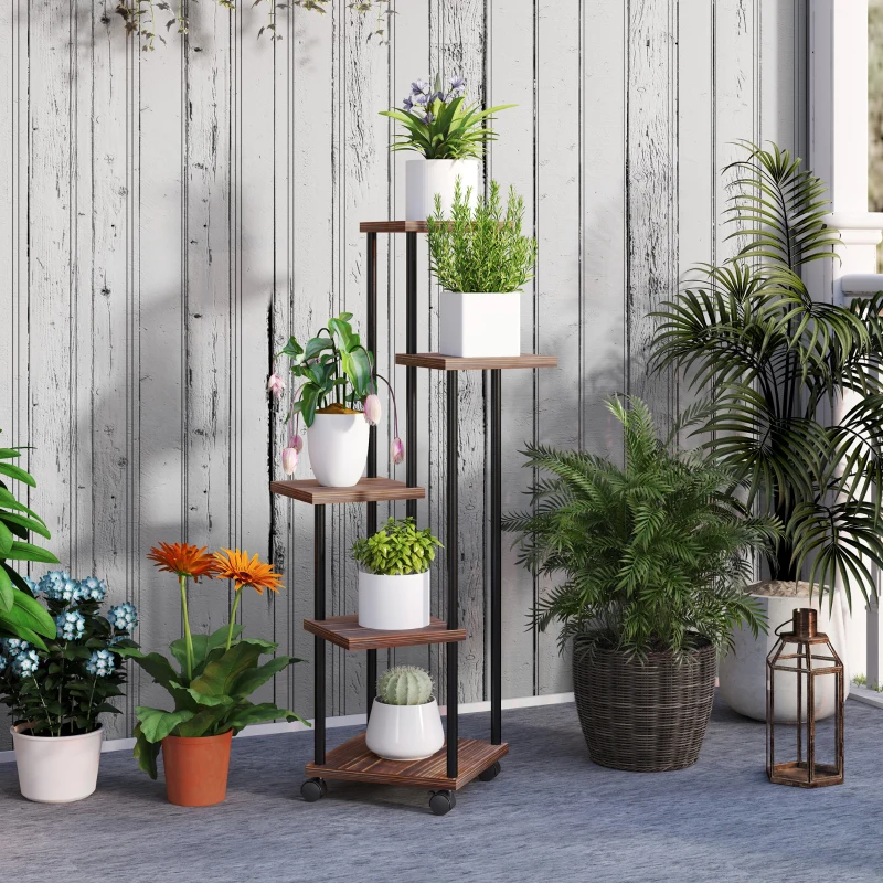 Outsunny Blumenständer mit 5 Ebenen, 5-stufiger Pflanzenständer, versetztes Design, leicht zu verschieben, Holz, Stahl
