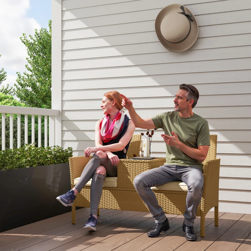 Outsunny Panca da Giardino con Tavolino a Ribalta Portaoggetti, in Rattan e Acciaio, 134x58x82 cm, Crema e Cachi