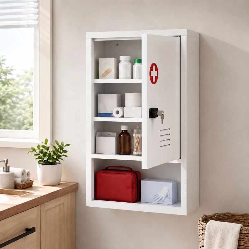 HOMCOM Armadietto Porta Medicinali da Parete a 3 Ripiani con Chiave, Anta Ventilata e Vani Portaoggetti, Bianco