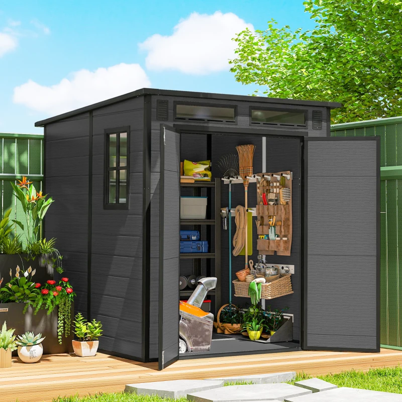 Outsunny Casetta da Giardino a 2 Ingressi con 3 Finestre e Prese d'Aria, in PP e Alluminio, 182x182x196 cm, Grigio Scuro