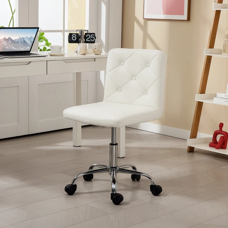 HOMCOM Scaun de Birou Reglabil cu Tapițerie cu Nasturi, din Piele PU, Spumă și Oțel, 44x50x78-88 cm, Alb