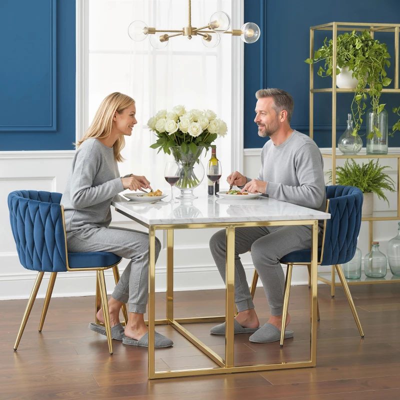 HOMCOM Velvet-Feel Dining Chairs Set of 2, Modern Upholstered Armchair with Knot Design and Golden Metal Legs, Accent Chair for Dining Room, Bedroom, Kitchen, Living Room, Dark Blue