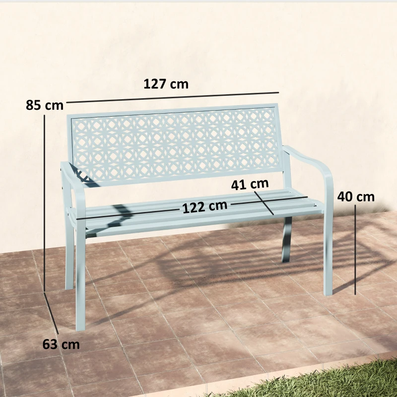 Outsunny Banc de jardin 2 places, banc extérieur jardin en acier avec dossier ajouré, 127 x 63 x 85 cm, bleu