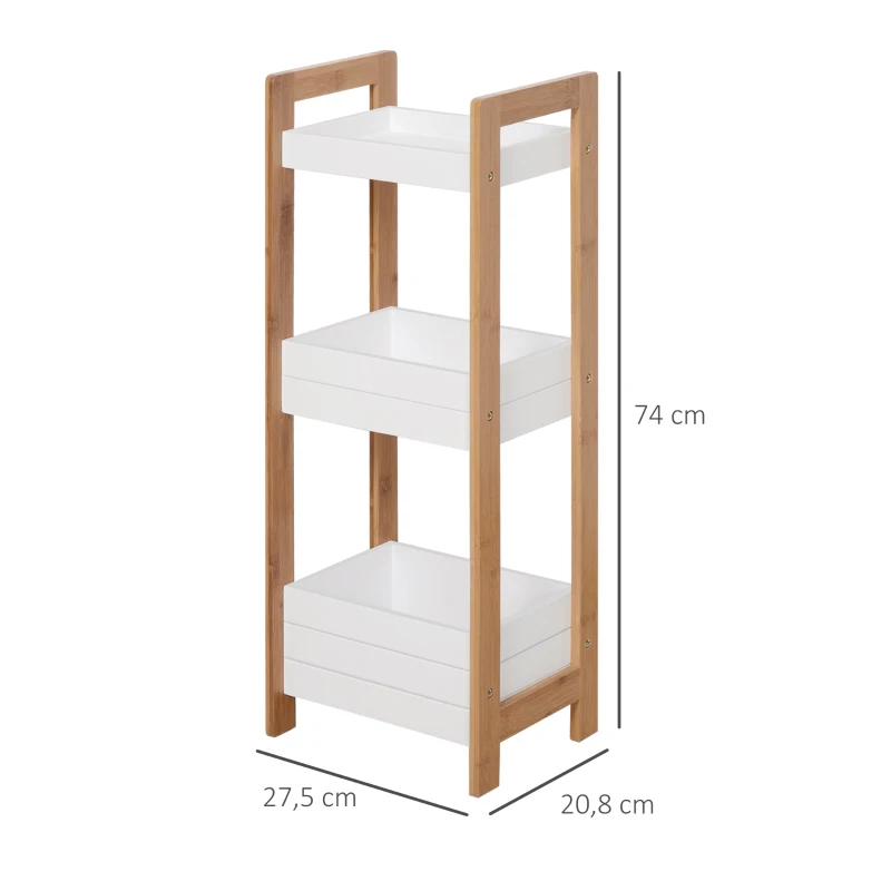 HOMCOM Estantería de Baño con 3 Estantes Organizador de Almacenaje Bambú para Cocina Sala de Estar Lavadero 27,5x20,8x74 cm Color Blanco y Natural