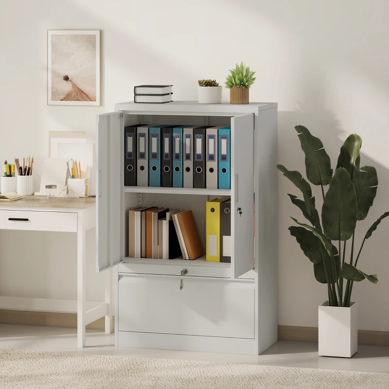 HOMCOM Mobile da Ufficio in Acciaio con Ripiano Interno Regolabile e Cassetto, 80x40x130 cm, Bianco