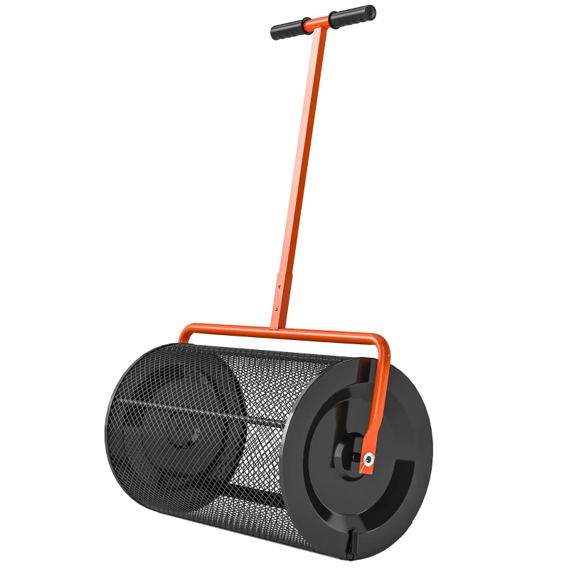 Outsunny Compost Spreader, 24" Peat Moss Spreader with Height Adjustable T Shaped Handle and Metal Mesh Basket, Garden Spreader for Seeding, Spreading Manure, Orange