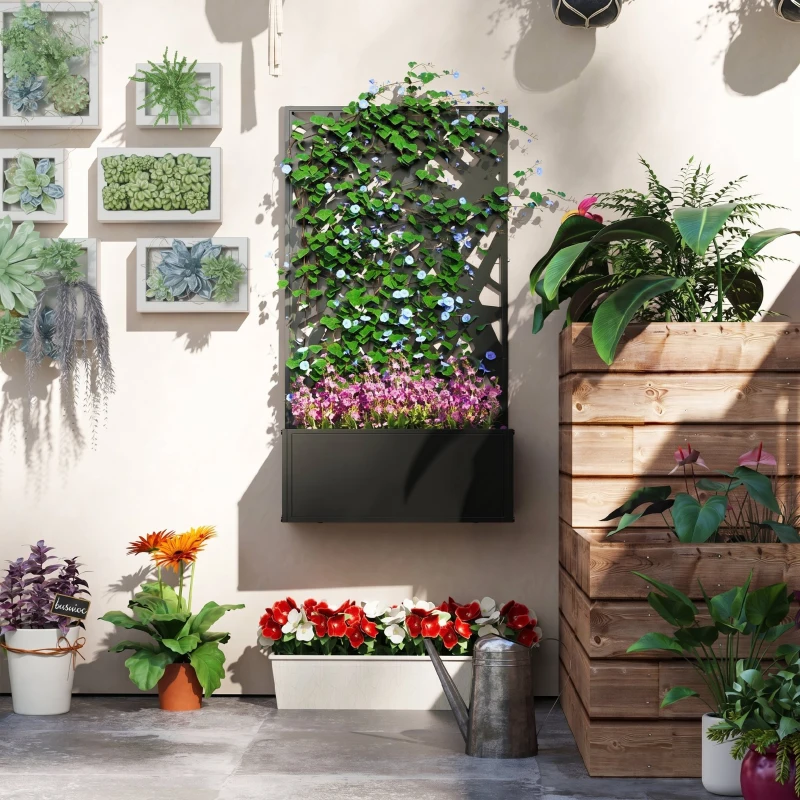Outsunny Jardinieră Ridicată cu Spalier Decorativ pentru Plante Cățărătoare, pentru Sol sau Perete, 61x23x113 cm, Negru