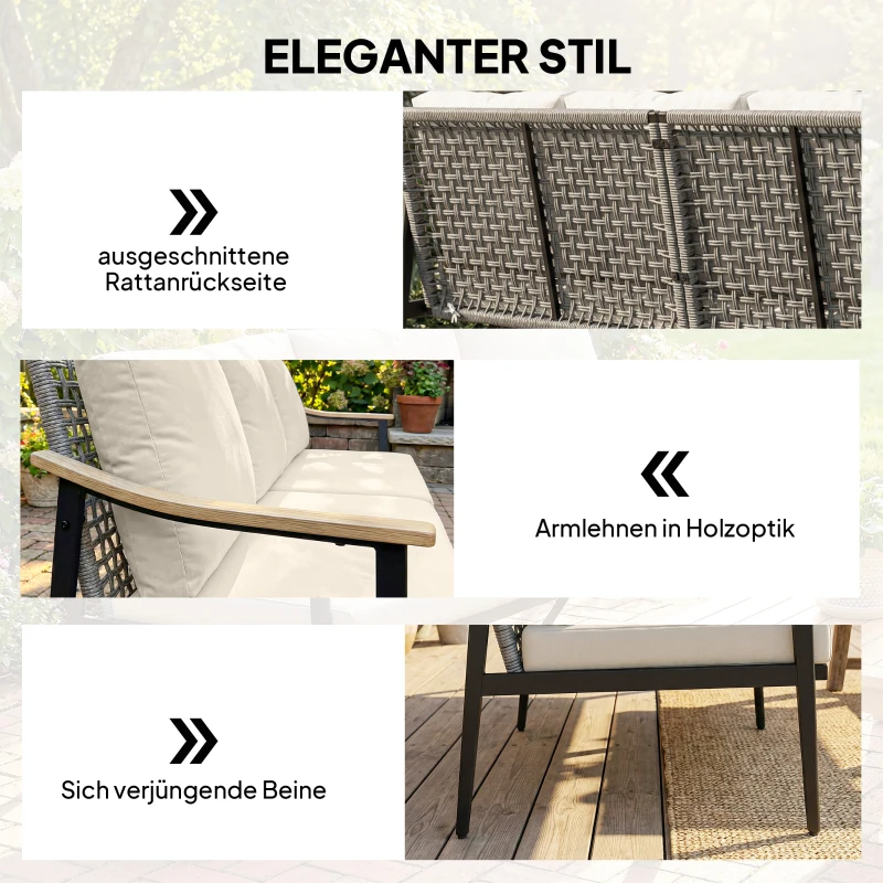 Outsunny Gartensofa 3-Sitzer Rattan Loungesofa mit abnehmbar Kissen Holzoptik-Armlehnen Stahlrahmen Khaki