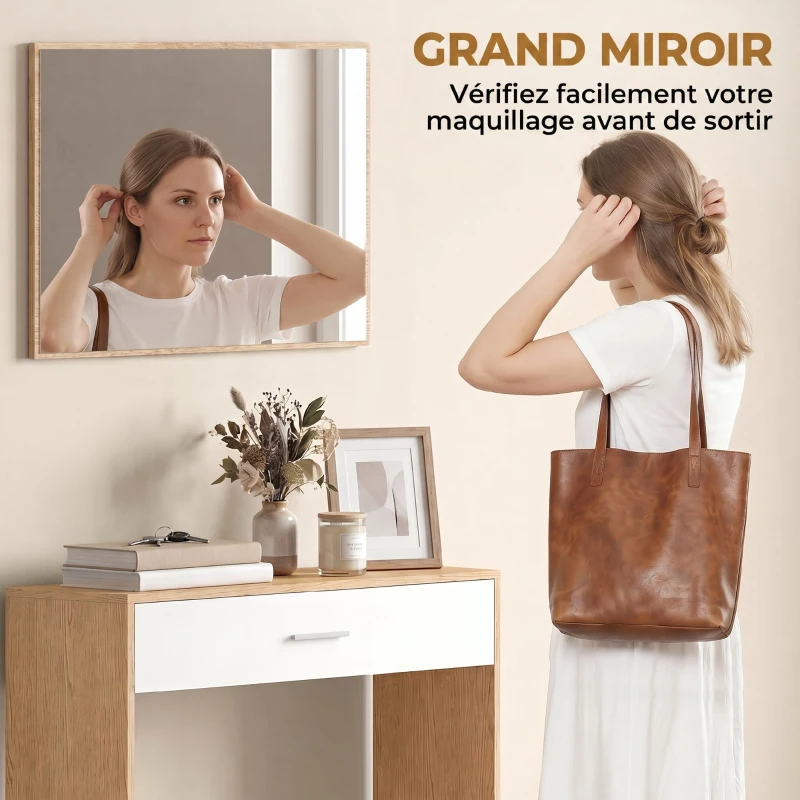 HOMCOM Console meuble + miroir, table console étroite avec tiroir et étagère, style moderne, 91,5 x 27,9 x 85,5 cm, chêne