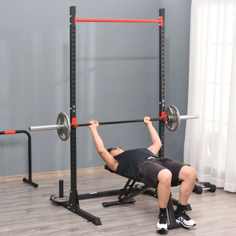 HOMCOM Squat Rack Réglable 32 Niveaux en Acier, Crochet, Barre de Traction, Base Antidérapante, 117,5x122x226cm, Noir