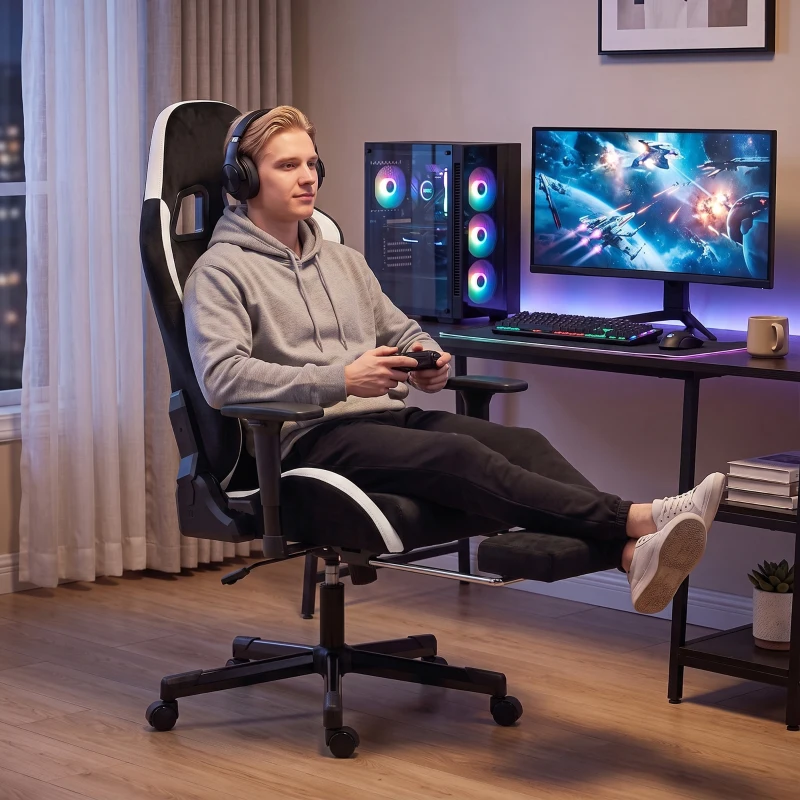 HOMCOM Gaming-Stuhl mit Massage- und beheiztem Lendenkissen, ergonomisch, Leinenoptik, 3D-Armlehnen, Kopfstütze, Schwarz