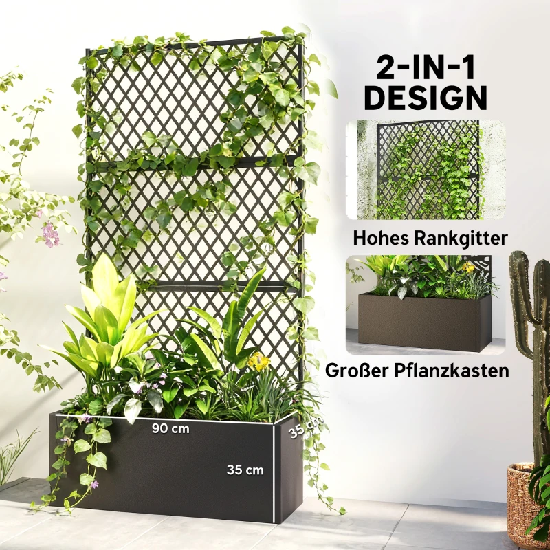 Outsunny Metall-Hochbeet mit Spalier, Pflanzkasten für draußen mit Diamantgitter-Sichtschutz für Blumen