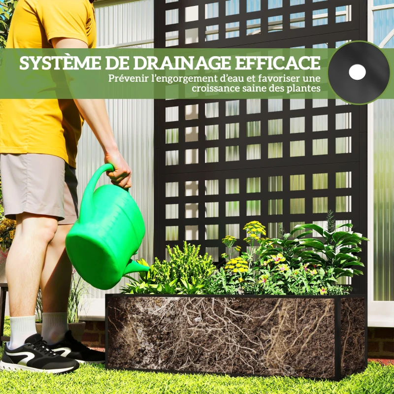 Outsunny Jardinière avec treillis, brise-vue, lit surélevé de jardin acier galvanisée, pour plantes grimpantes, 89x40x178cm, noir