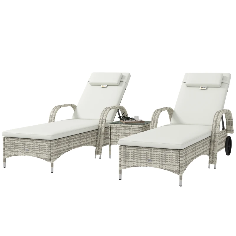 Outsunny Lot de 2 transats bains de soleil : matelas, têtière, inclinaison réglable roulettes + table basse verre trempé crème
