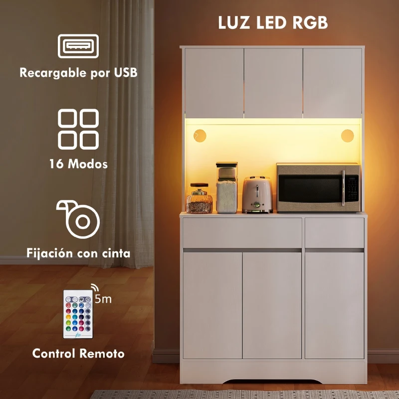 HOMCOM Alacena de Cocina con Luz LED RGB Encimera para Microondas 6 Puertas 2 Cajones Estantes Ajustables Control Remoto Blanco