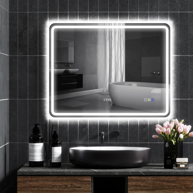 HOMCOM Badezimmerspiegel mit LED-Beleuchtung, Anti-Beschlags-Pad, 3 verstellbare Farben, Uhr, 700 x 900 mm, Silberfarben