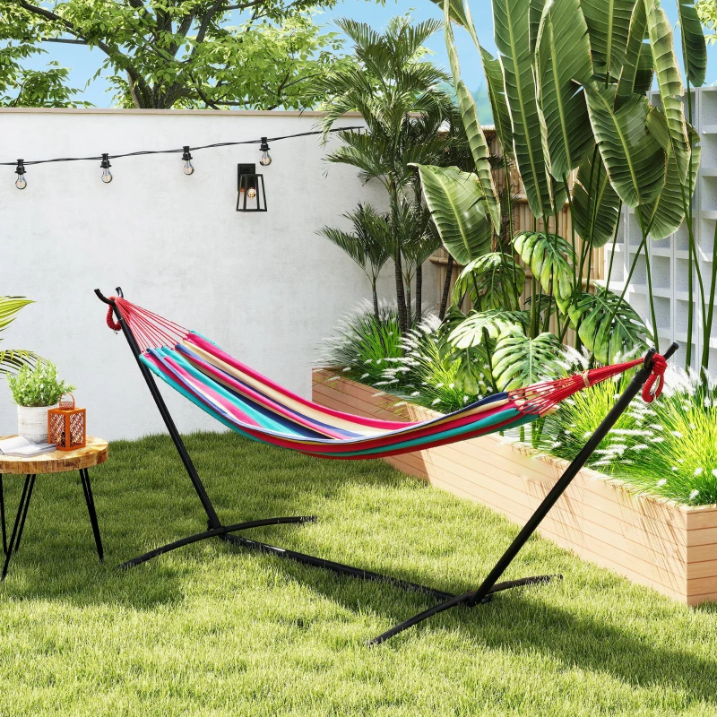 Outsunny Hamaca con Soporte 310x117cm para Camping con Altura Ajustable y Bolsa de Transporte Carga 120 kg Rayas Naranja y Rojo