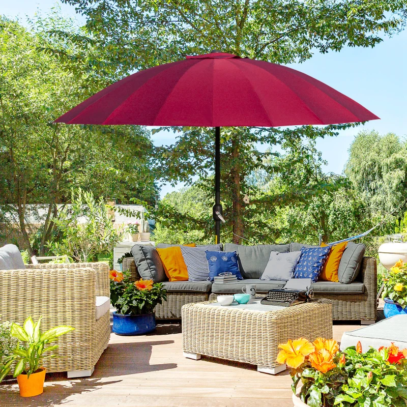 Outsunny Ombrellone Rotondo Pieghevole a 18 Stecche con Manovella, in Metallo e Poliestere, Ø250x240 cm, Rosso Vino