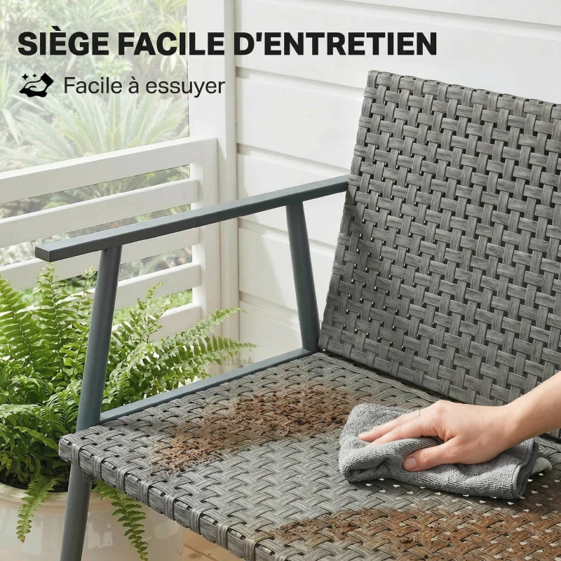 Outsunny Banc de Jardin 2 places en Résine Tressée et Acier, avec Accoudoirs, Dossiers et Pieds Réglables, 110x58x78cm, Gris