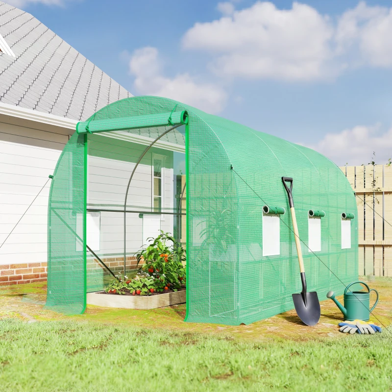 Outsunny Serre tunnel de jardin 8 m², serre de jardin tunnel avec porte et 6 fenêtres, bâche PE 140 g/m² 400 x 200 x 200 cm vert