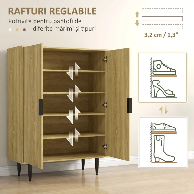 HOMCOM Pantofar Compact pentru 15 Perechi de Pantofi, cu 4 Rafturi Reglabile, 80x38x110cm, Stejar