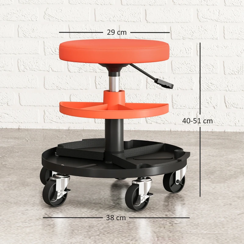HOMCOM Taburet de Atelier cu Roți Ø6 cm, Capacitate până la 135 kg, Înălțime Reglabilă 40-51 cm, cu Tăvi pentru Unelte, Portocaliu