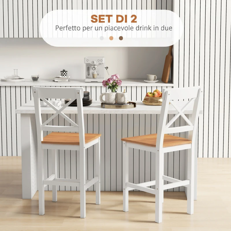 HOMCOM Set di 2 Sgabelli Bar, Sgabelli Cucina Alti con Schienale Alto, Poggiapiedi, in Legno di Pino, Naturale e Bianco