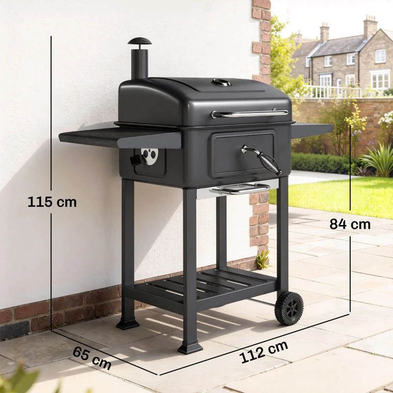 Outsunny Holzkohlegrill BBQ Smoker mit Deckel Thermometer höhenverstellbar Kohlepfanne Kamin Grillrost Seitentisch Aschefach