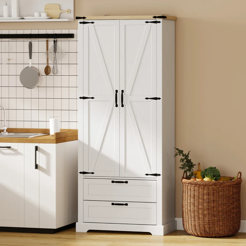 HOMCOM Buffet haut cuisine, armoire de cuisine avec 2 portes, 2 tiroirs, étagères réglables, style rustique, 76x40x180cm, blanc